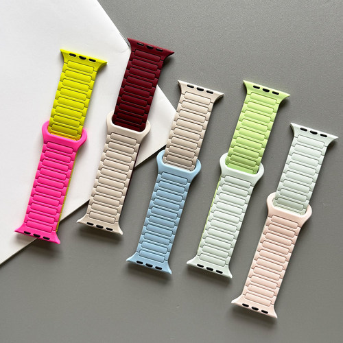 磁吸硅胶穿扣拼色iwatch表带s10适用Applewatch苹果s9手表se新款8 - 图0
