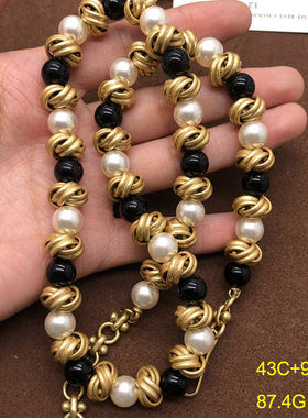 铜材质复古重工项链打结黑色玛瑙琉璃珍珠中长款项链百搭毛衣链女