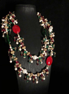 多层串珠毛衣链中古琉璃珠项链耳环套装夸张复古长款流苏耳坠配饰