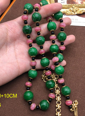 复古宫廷风配饰绿色玛瑙粉色石头珠中长款项链配套耳环毛衣链百搭