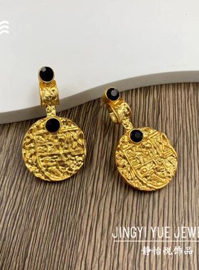 中古长款设计感项链耳钉 黑金撞色蜜蜂项链套装 文艺复古串珠项链