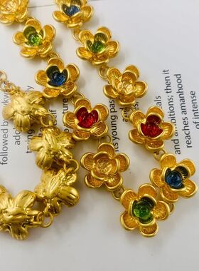 中古vintage西洋复古花朵温金真金撞色琉璃重工套装打标项链