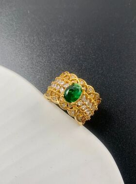 中古vintage黄铜电镀真金祖母绿满镶锆石开口可调节戒指