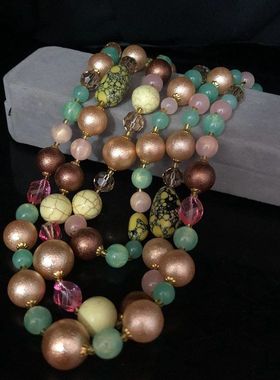 复古风彩色琉璃珠石头珠长款项链优雅气质百搭毛衣链毛衣外套配饰