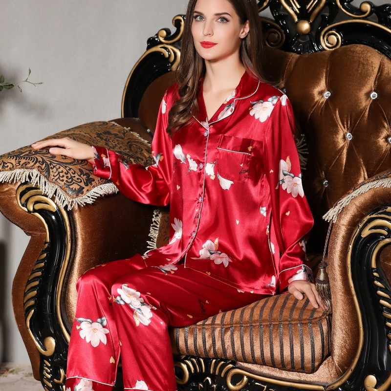 秋季冰丝翻领长袖仿真丝绸睡衣 姬斯德妮睡衣/家居服套装