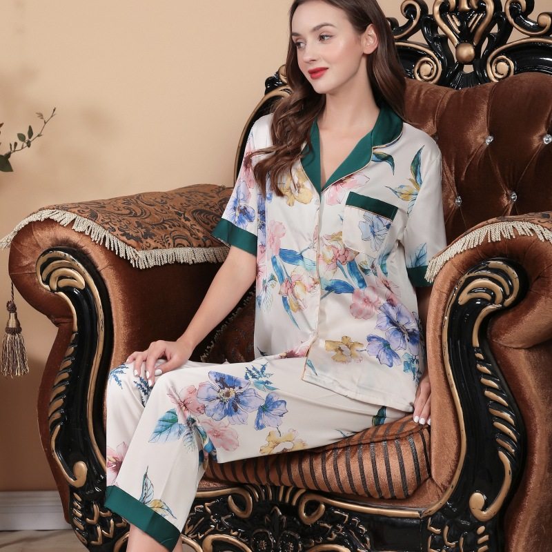 夏季真丝短袖长裤睡衣套装冰丝睡衣 姬斯德妮睡衣/家居服套装