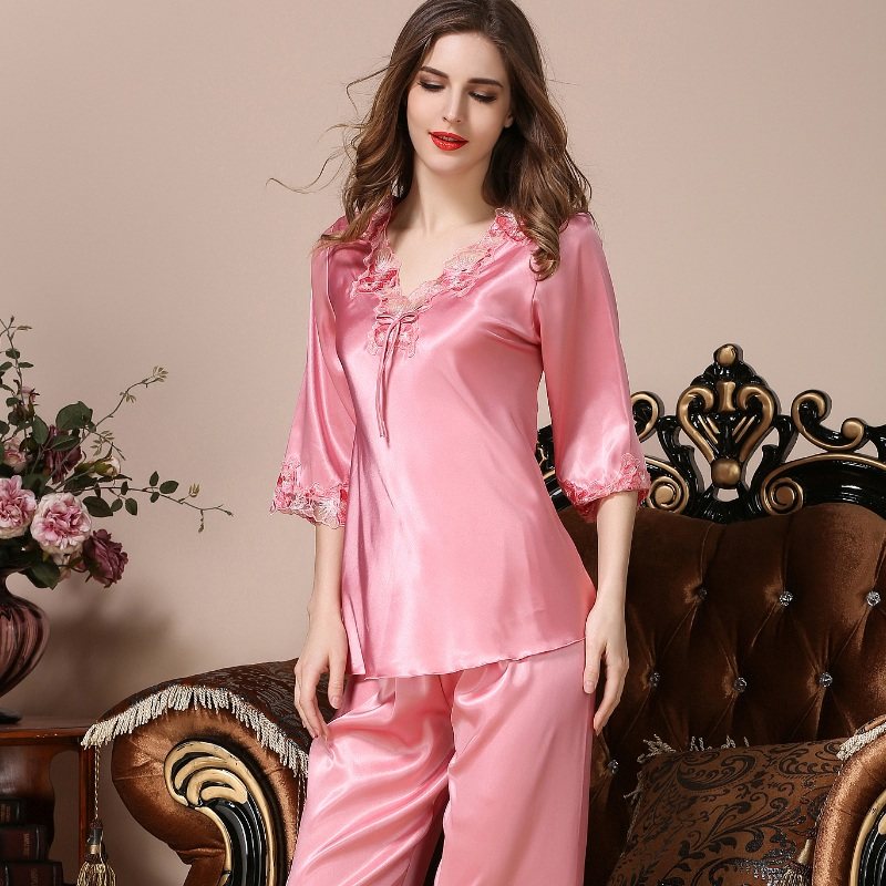 冰丝长袖长裤宽松休闲仿真丝绸睡衣 姬斯德妮睡衣/家居服套装