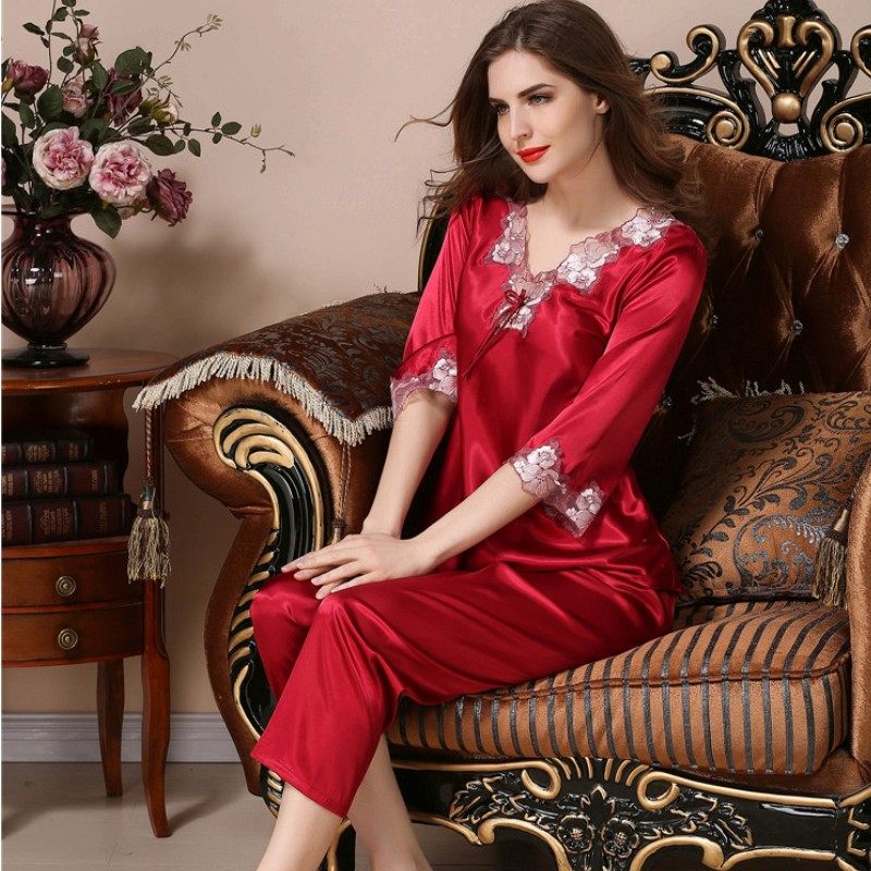 冰丝长袖长裤宽松休闲仿真丝绸睡衣 姬斯德妮睡衣/家居服套装