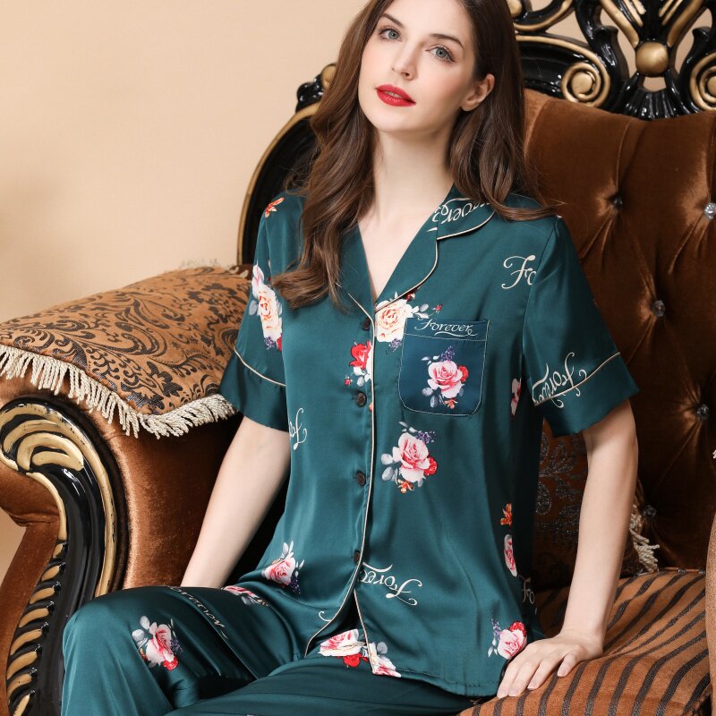 夏季短袖长裤真丝绸睡衣套装睡衣 姬斯德妮睡衣/家居服套装