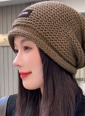 帽子女秋冬天针织毛线帽大头围帽子保暖休闲包头帽慵懒堆堆帽