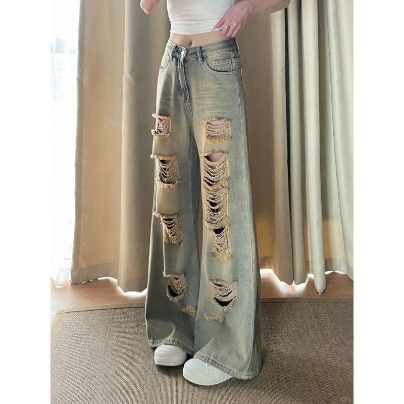 美式复古破洞高腰直筒牛仔裤女夏季辣妹垂感宽松显瘦拖地长裤潮,淘宝优惠券,粉丝福利购,淘宝优惠卷