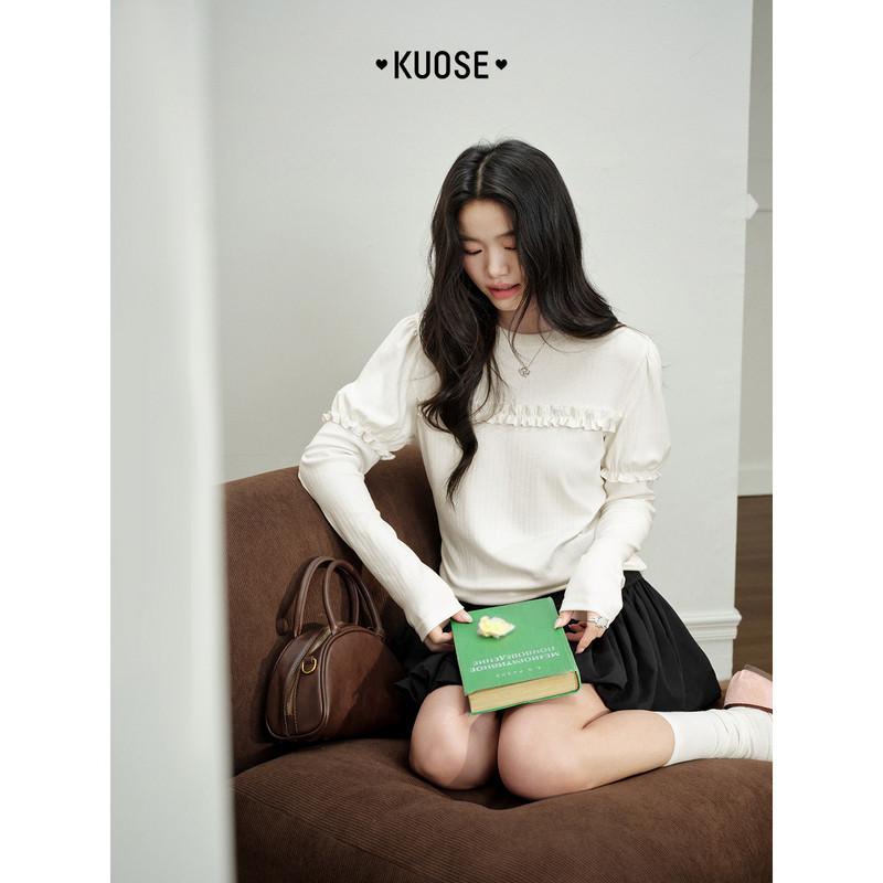 阔色假两件木耳边针织内搭打底衫2026春季新款女装泡泡长袖t恤秋,淘宝优惠券,粉丝福利购,淘宝优惠卷