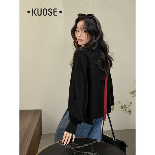 阔色黑色v领针织衫毛衣开衫女25秋冬新款宽松气质薄长袖上衣外套