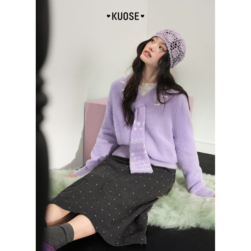 阔色紫色费尔岛围脖一体针织衫女2025秋冬季新款氛围感穿搭毛衣,淘宝优惠券,粉丝福利购,淘宝优惠卷