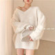 White V-neck loose sweater for women in autumn and winter wear soft glutinous mink hair mid-length plush lazy college style top