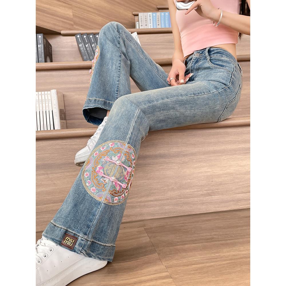 高腰国风刺绣微喇牛仔裤女春秋季薄款显瘦民族风绣花马蹄喇叭裤子 - 图0