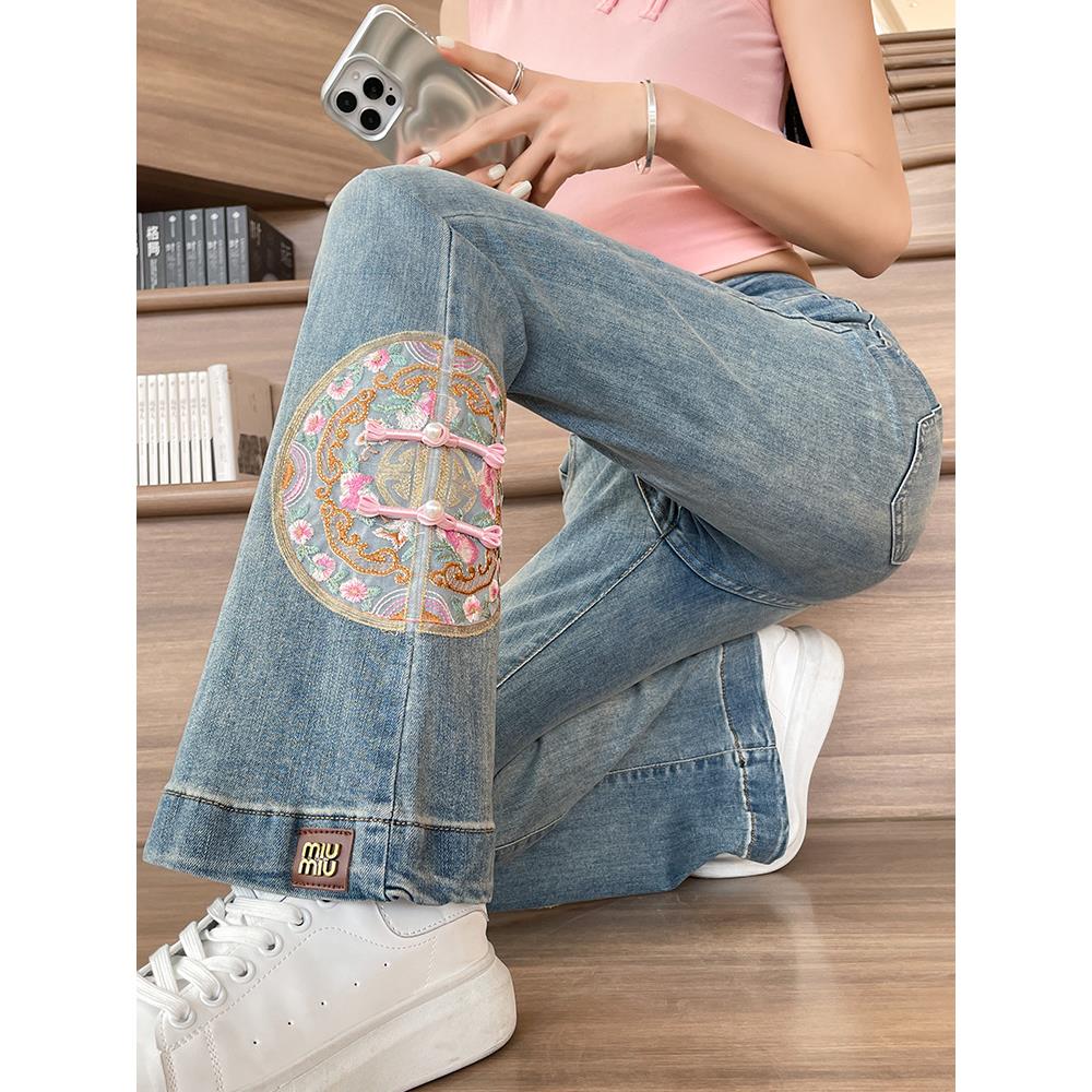 高腰国风刺绣微喇牛仔裤女春秋季薄款显瘦民族风绣花马蹄喇叭裤子 - 图3