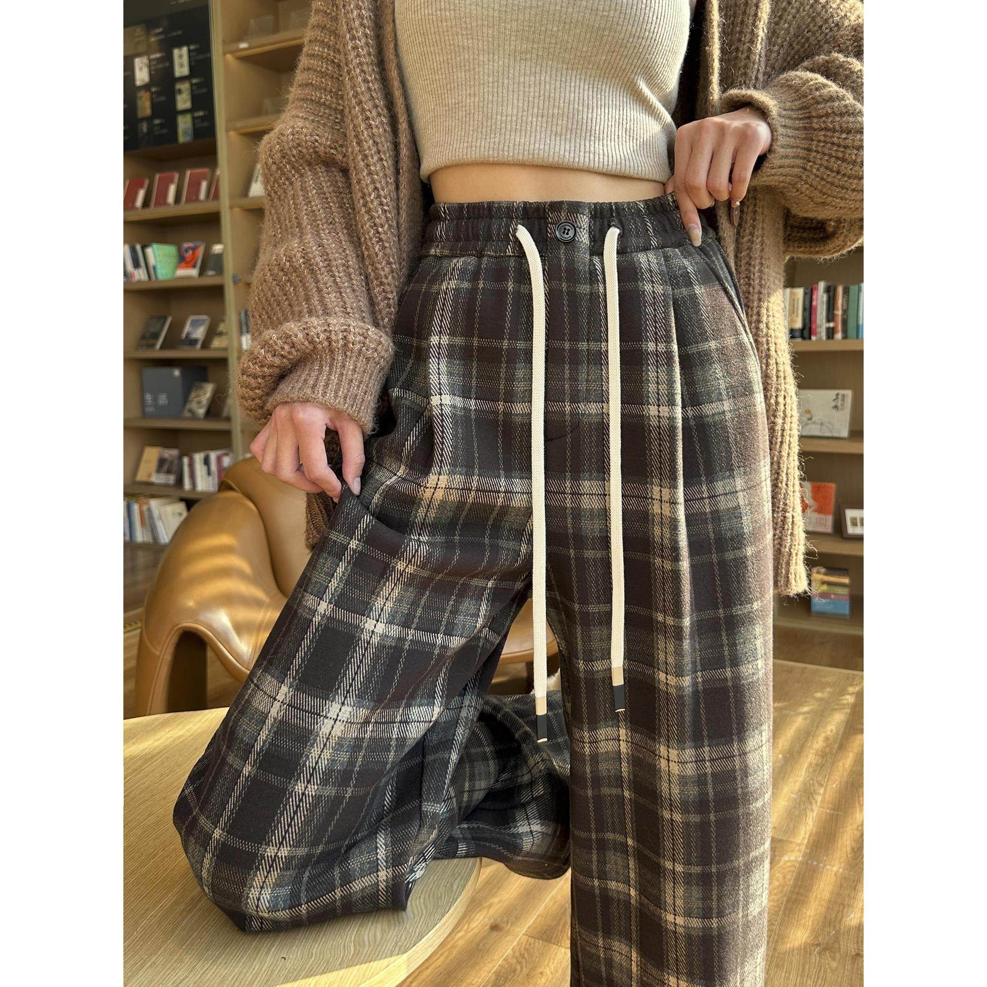 撞色加绒格子裤女2025春秋冬慵懒拖地直筒裤高腰垂感毛呢阔腿裤子,淘宝优惠券,粉丝福利购,淘宝优惠卷