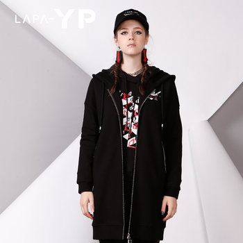 Napajia YP urban prints front and rear pockets long coat hooded windbreaker women's loose black slimming new