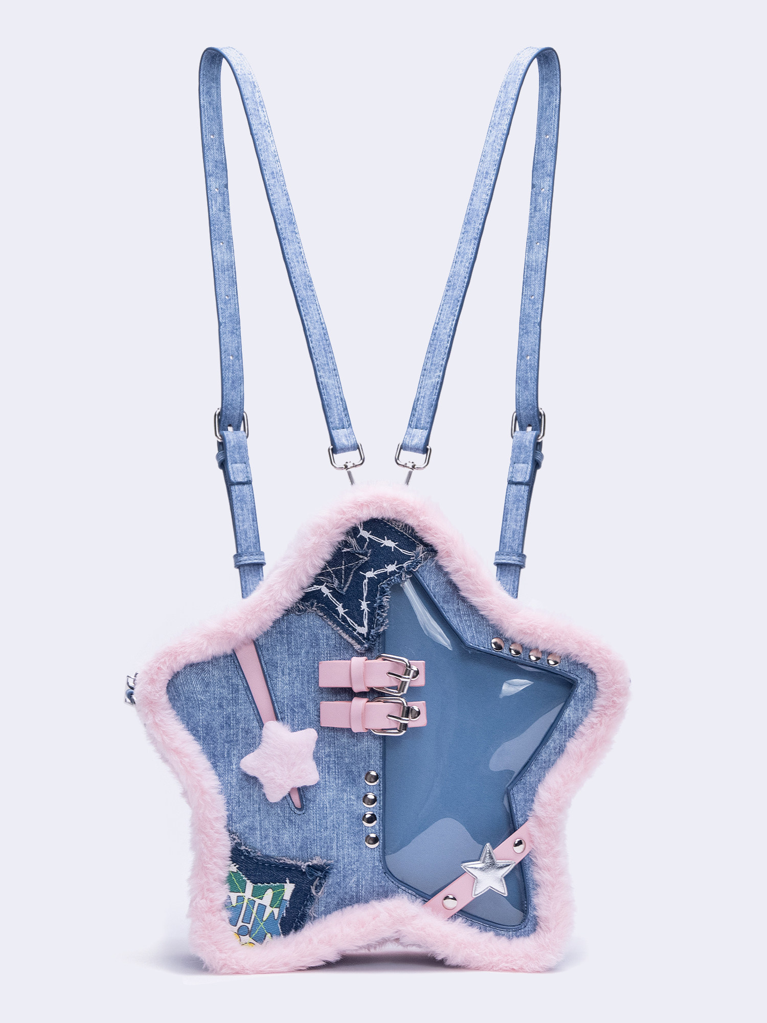 HIATUS原创设计牛仔蓝粉撞色五角星痛包毛边皮扣铆钉双肩斜挎小包,淘宝优惠券,粉丝福利购,淘宝优惠卷