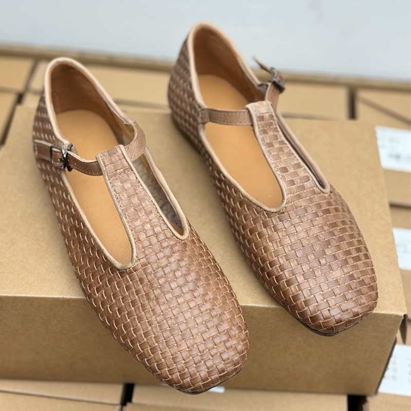 手工真皮复古编制妈妈鞋休闲平底玛丽珍头层牛皮奶奶鞋子中老年女 - 图0