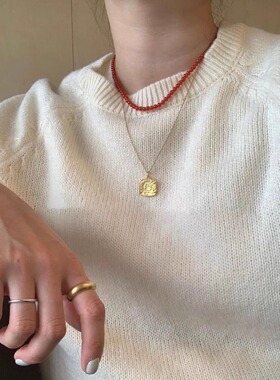 天然红玛瑙项链 韩国ins博主同款浪漫新年925银锁骨链女国风串珠