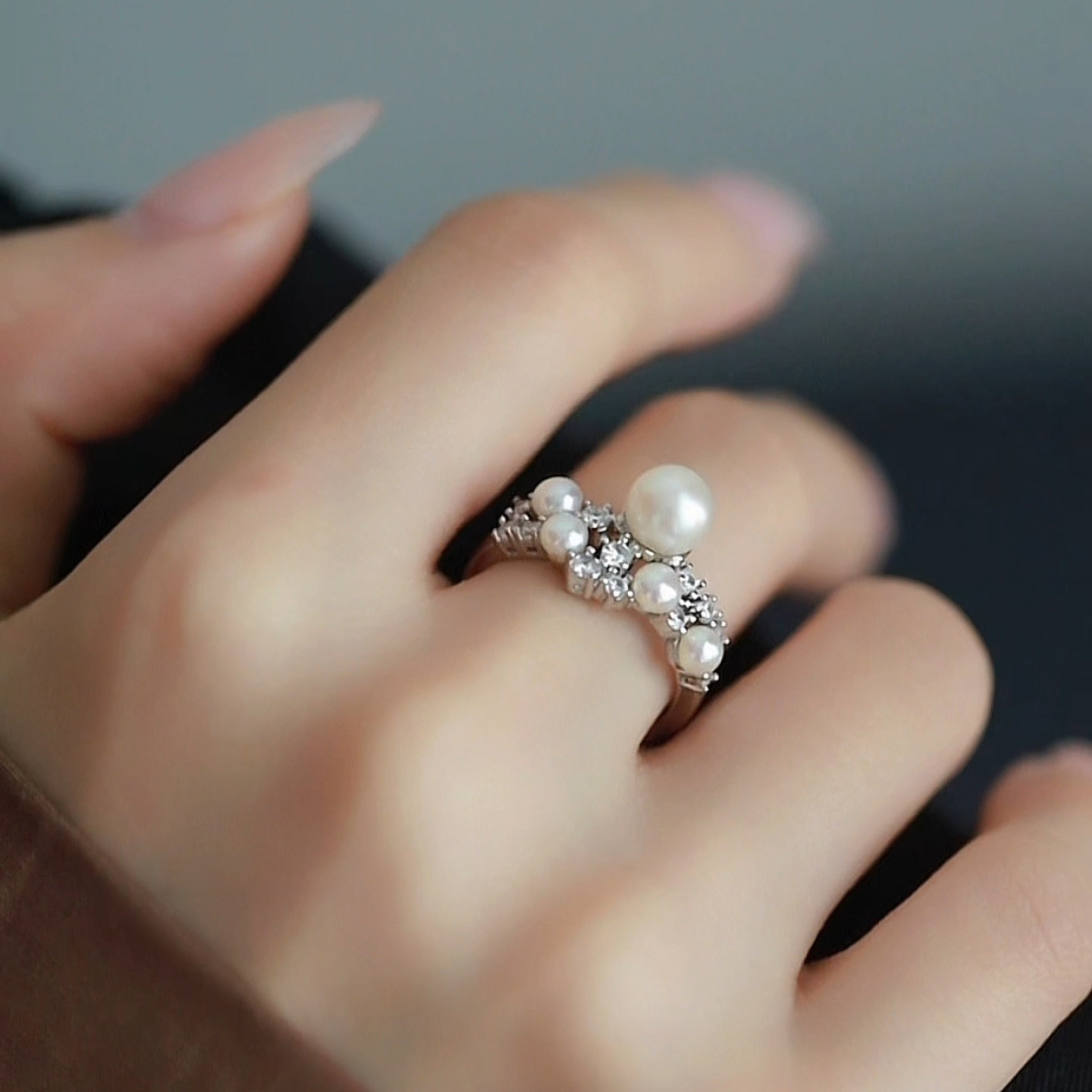 Natural freshwater pearl ring for women, zircon temperament, light luxury design, exquisite open ring