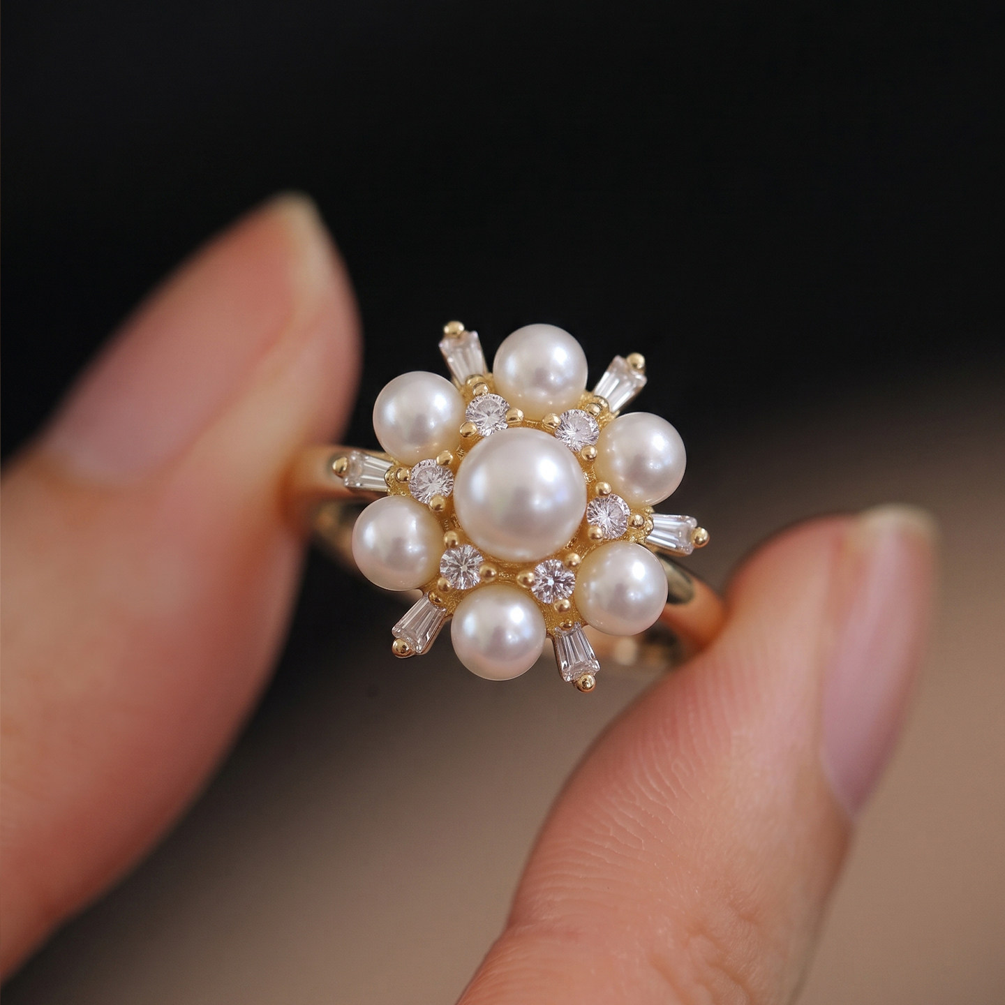 Natural freshwater pearl ring for women Snowflake cluster exquisite light luxury fashion open ring