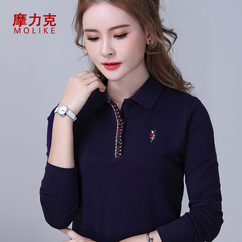 翻领带领宽松妈妈秋款polo衫秋衣 摩力克T恤