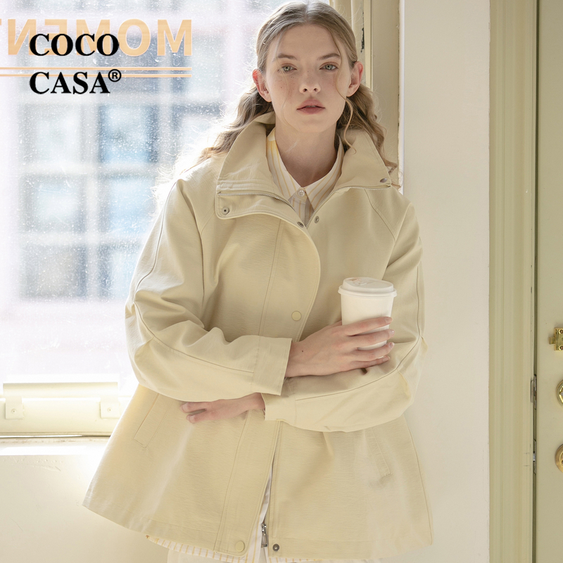 cococasa设计感欧洲站工装白色风衣女短款2024春新卡其棉欧货外套