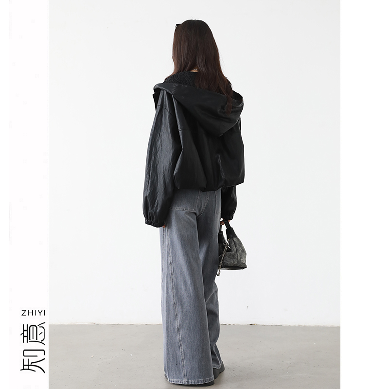 【8.18】PU蛋白皮连帽皮衣夹克女秋季宽松气质拼接蕾丝帽短外套 - 图2