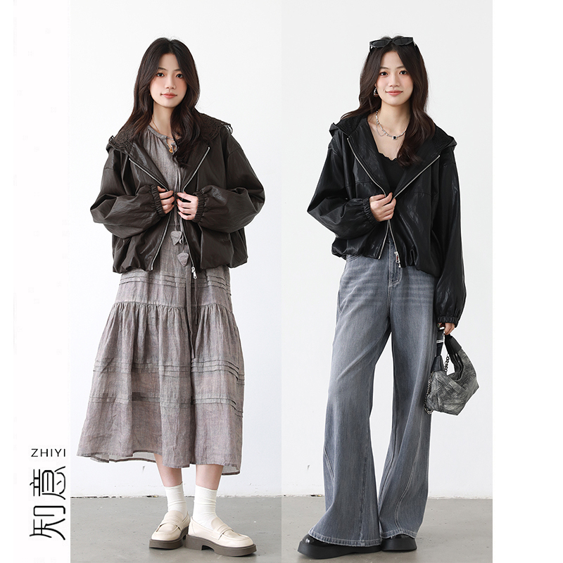 【8.18】PU蛋白皮连帽皮衣夹克女秋季宽松气质拼接蕾丝帽短外套 - 图1