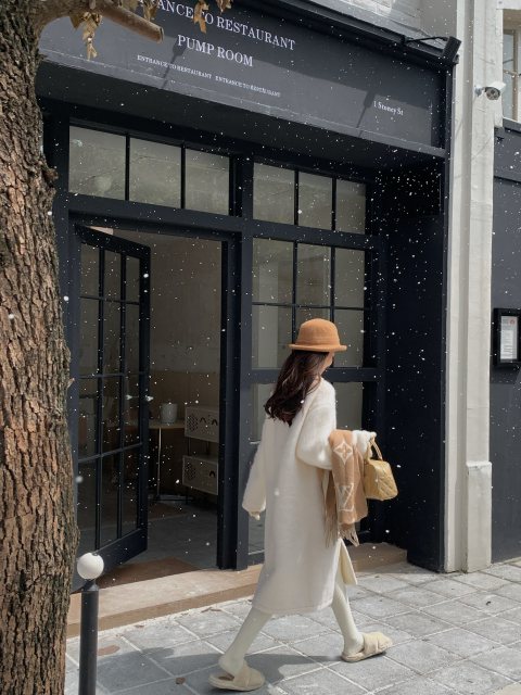 FF BLUE 富家千金风范 牛角扣毛呢奶白色外套拉毛厚实长款大衣冬