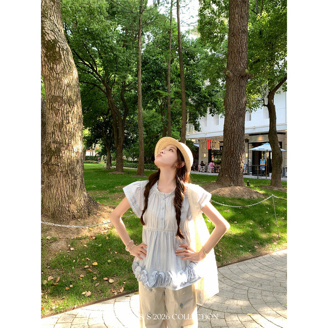 FFBLUE linen ຝ້າຍ trim ເສື້ອ plaid pants suit