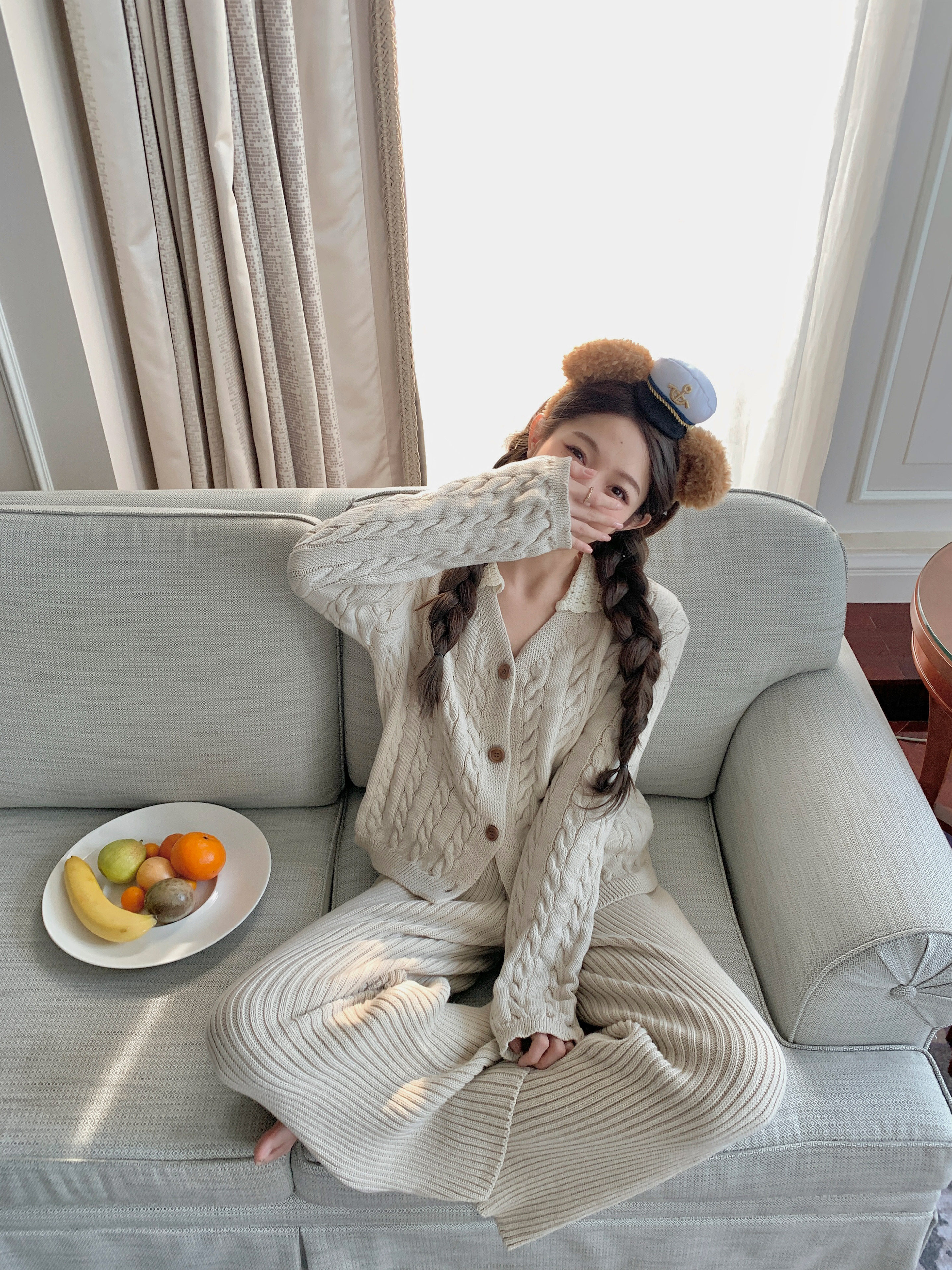 FF BLUE  枫糖拿铁 燕麦色麻花开衫针织阔腿裤百褶半裙三件套装,淘宝优惠券,粉丝福利购,淘宝优惠卷