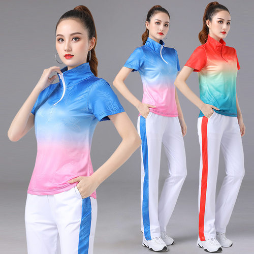 春英广场舞运动服套装女曳步舞蹈演出服渐变色半拉链上衣白色裤子 - 图3
