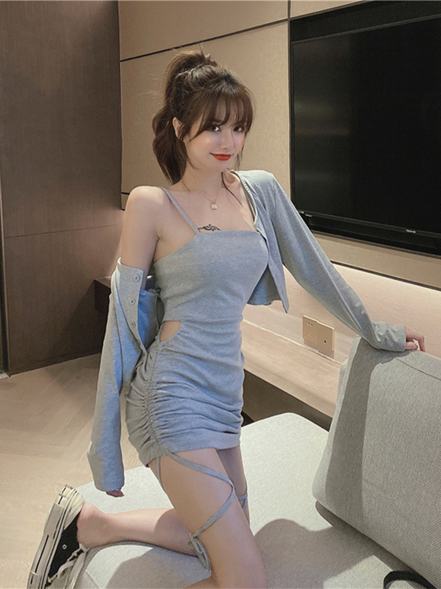 早秋新款抽绳包臀露腰连衣裙+外搭短款吊带裙轻熟御姐风两件套女,淘宝优惠券,粉丝福利购,淘宝优惠卷