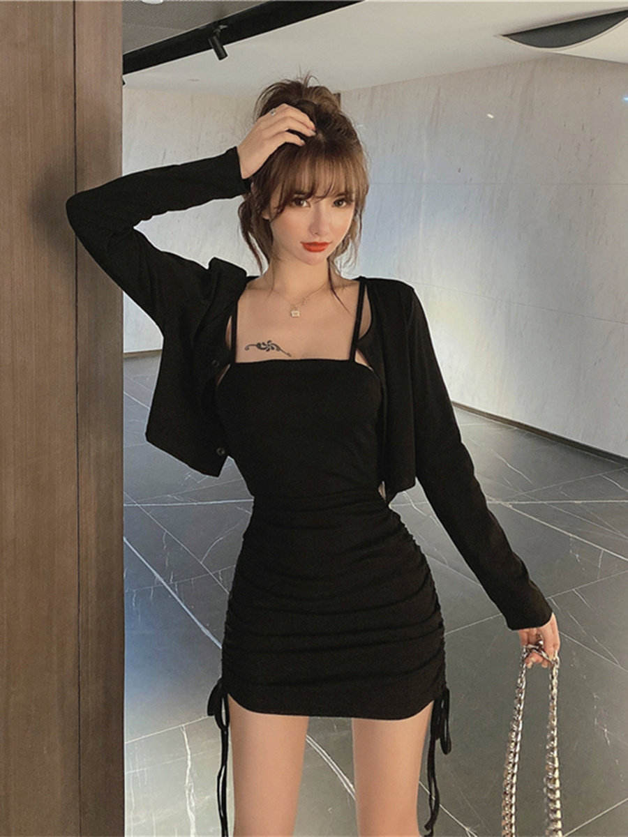 早秋新款抽绳包臀露腰连衣裙+外搭短款吊带裙轻熟御姐风两件套女,淘宝优惠券,粉丝福利购,淘宝优惠卷