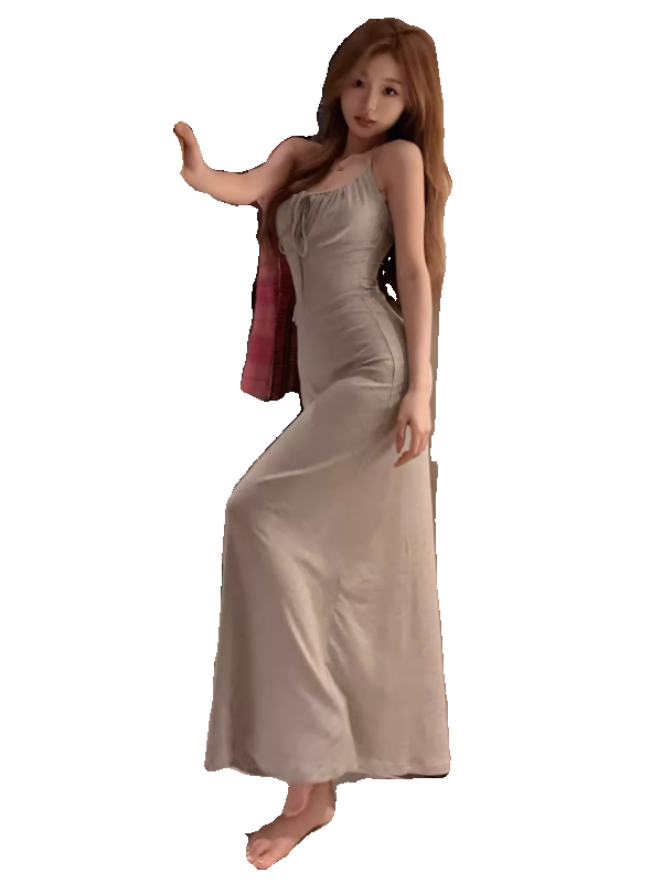 法式高级风性感纯欲系带浅灰色修身掐腰版型长款吊带连衣裙女夏 - 图3