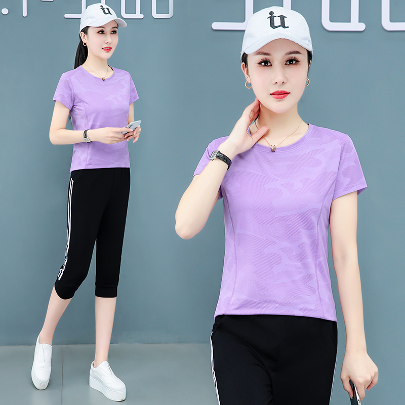 速干运动套装女夏季2025新款大码健身跑步休闲瑜伽服七分裤两件套 - 图0