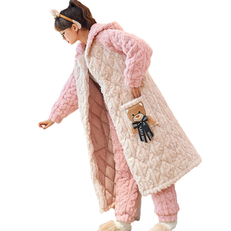 秋冬季加绒三层夹棉袄珊瑚绒睡衣 卡西奴服饰睡衣/家居服套装