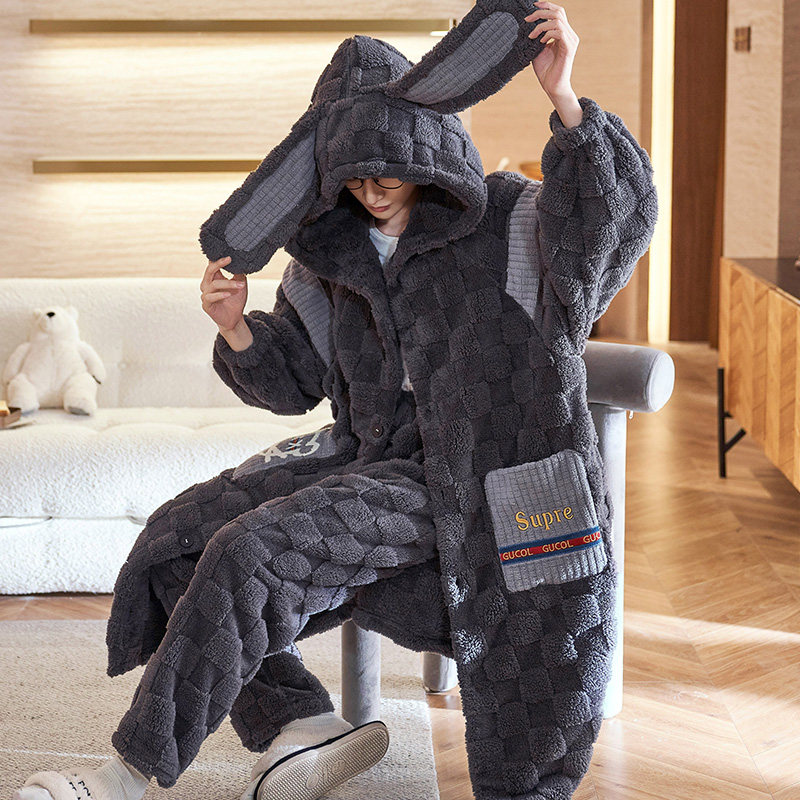 男士秋冬款加厚加绒长款珊瑚绒睡袍 卡西奴服饰睡衣/家居服套装