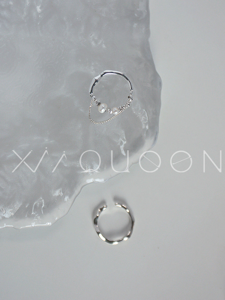 Xii定制款碎银甜酷风天然淡水珍珠纯银链条戒指开口可调节指环男 - 图1