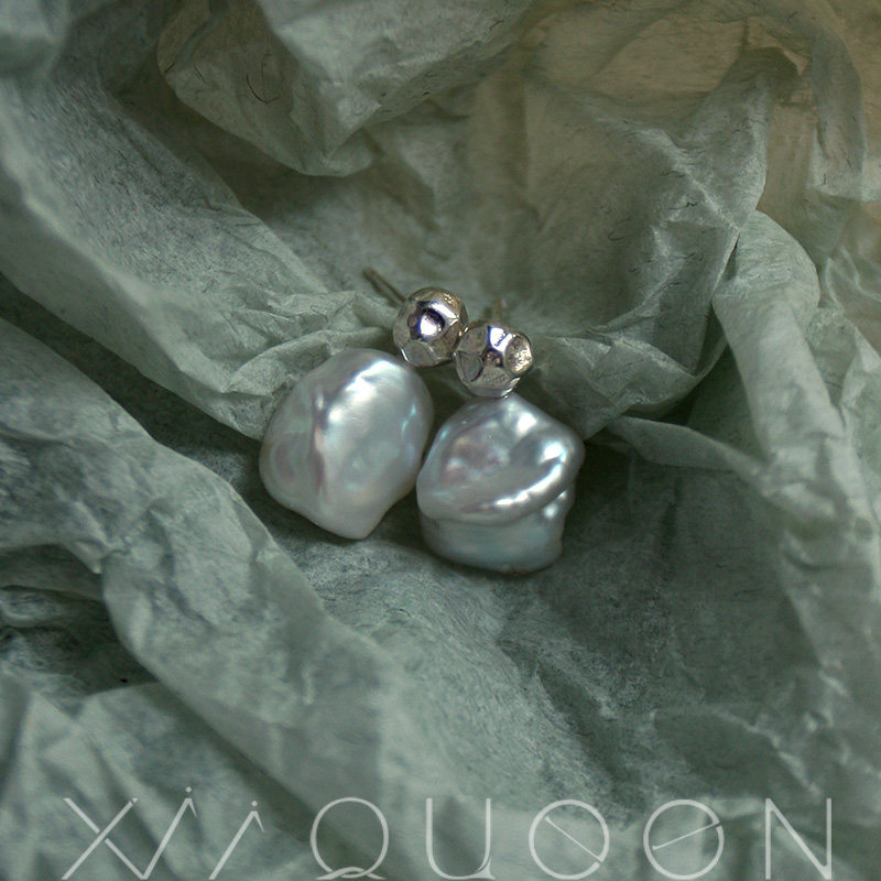 Xii天然怪石头珍珠淡淡蓝纯银耳钉ins简约小众设计s925纯银耳饰OL,淘宝优惠券,粉丝福利购,淘宝优惠卷