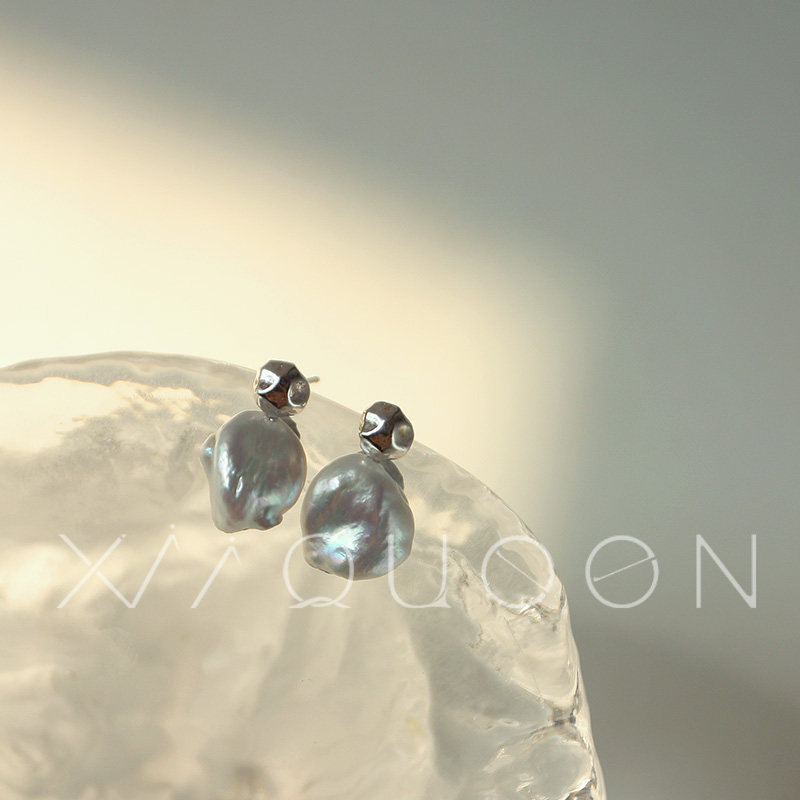 Xii天然怪石头珍珠淡淡蓝纯银耳钉ins简约小众设计s925纯银耳饰OL,淘宝优惠券,粉丝福利购,淘宝优惠卷