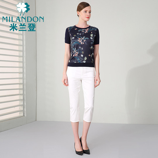 米兰登中老年妈妈装2024夏季新款印花短袖针织衫女装宽松圆领上衣