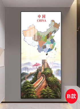 现代简约玄关过道走廊中国竖版地图装饰画高级感大气轻奢挂画有框