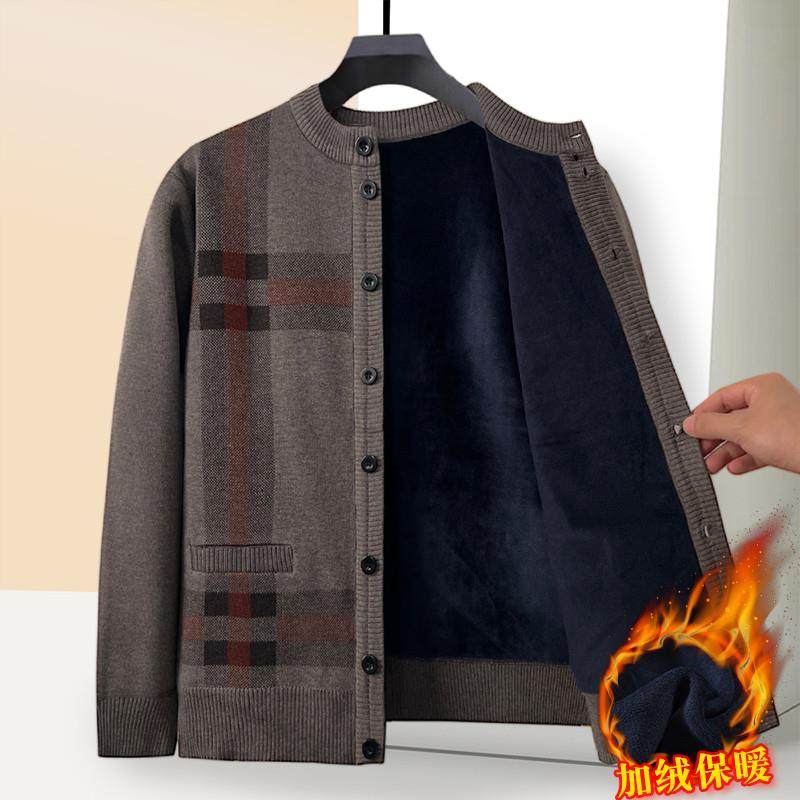 爸爸秋冬季加绒加厚开衫中老年人男保暖系扣针织毛衣外套爷爷上衣,淘宝优惠券,粉丝福利购,淘宝优惠卷