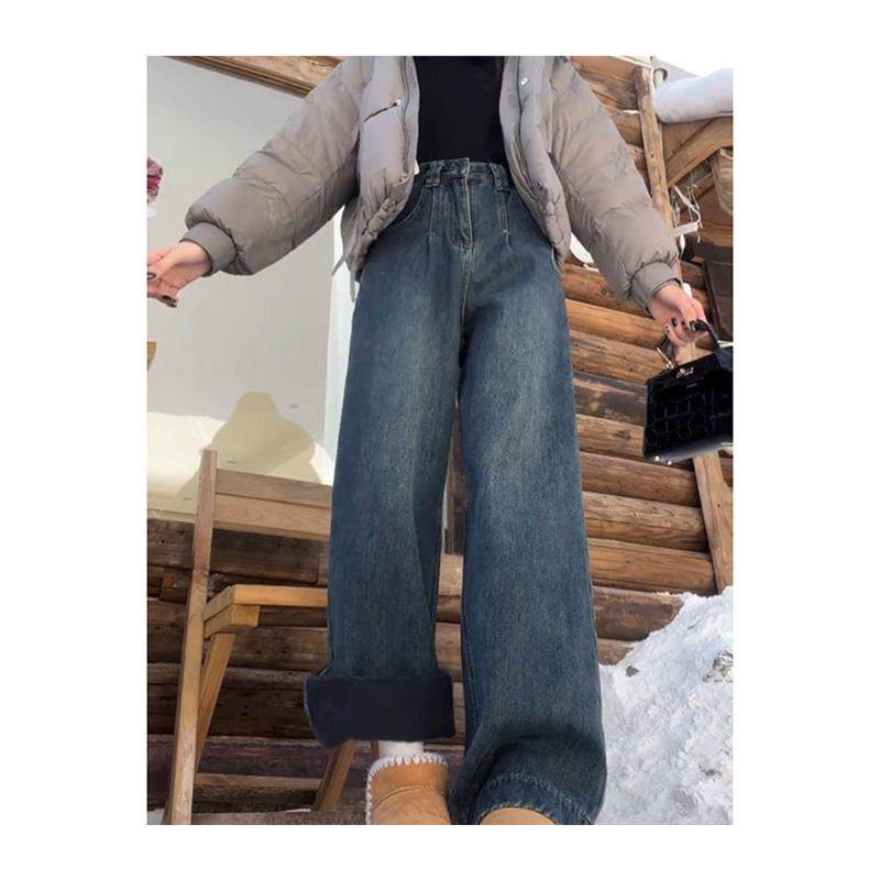 覆古蓝加绒加厚直筒牛仔裤女秋冬新款胖mm梨型身材高腰显瘦阔腿裤,淘宝优惠券,粉丝福利购,淘宝优惠卷