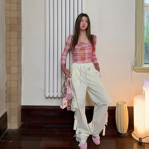 IUIU ONLINE 甜酷女孩 蝴蝶结工装裤休闲帅气大口袋宽松阔腿裤女 - 图0